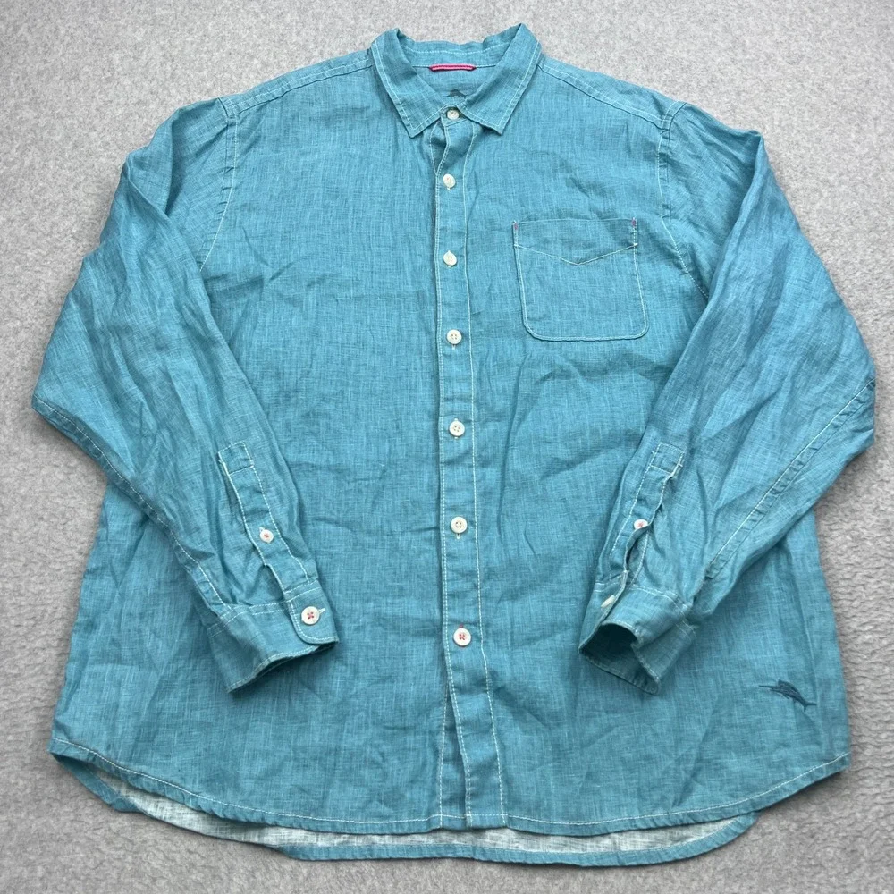 Tommy Bahama Sea Glass Breezer Shirt Men's XL Teal Blue 100% Linen Button‎ Up
